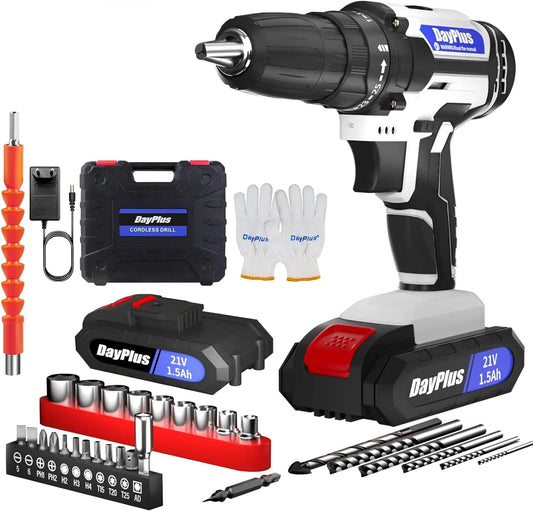 Dayplus Cordless Drill And Screwdriver Set 21V Electric Combi Drill With 2 X 1500mAh Battery