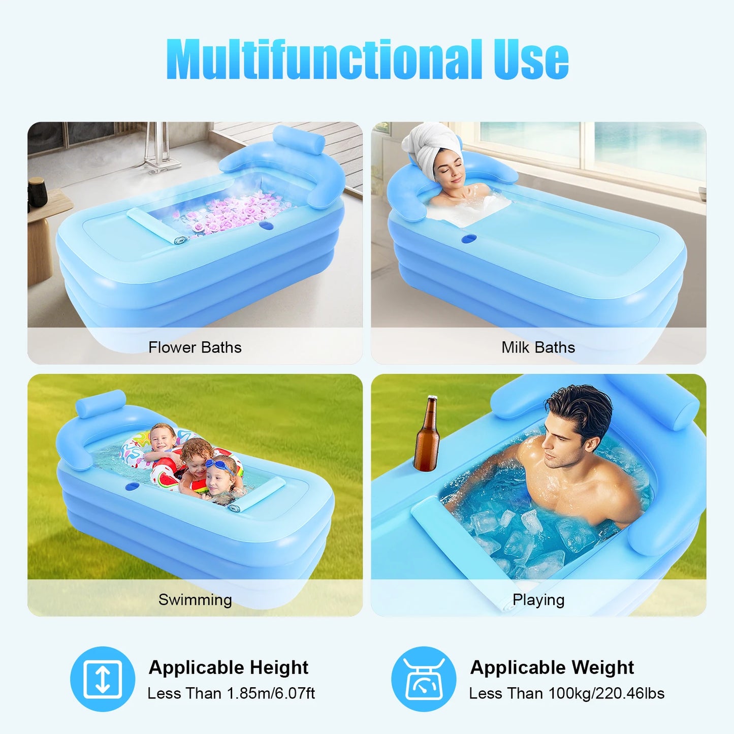 Portable Inflatable Bathtub Foldable Soaking Tub with Ergonomic Backrest Zipper Lid Thickened PVC for Home Apartment Backyard
