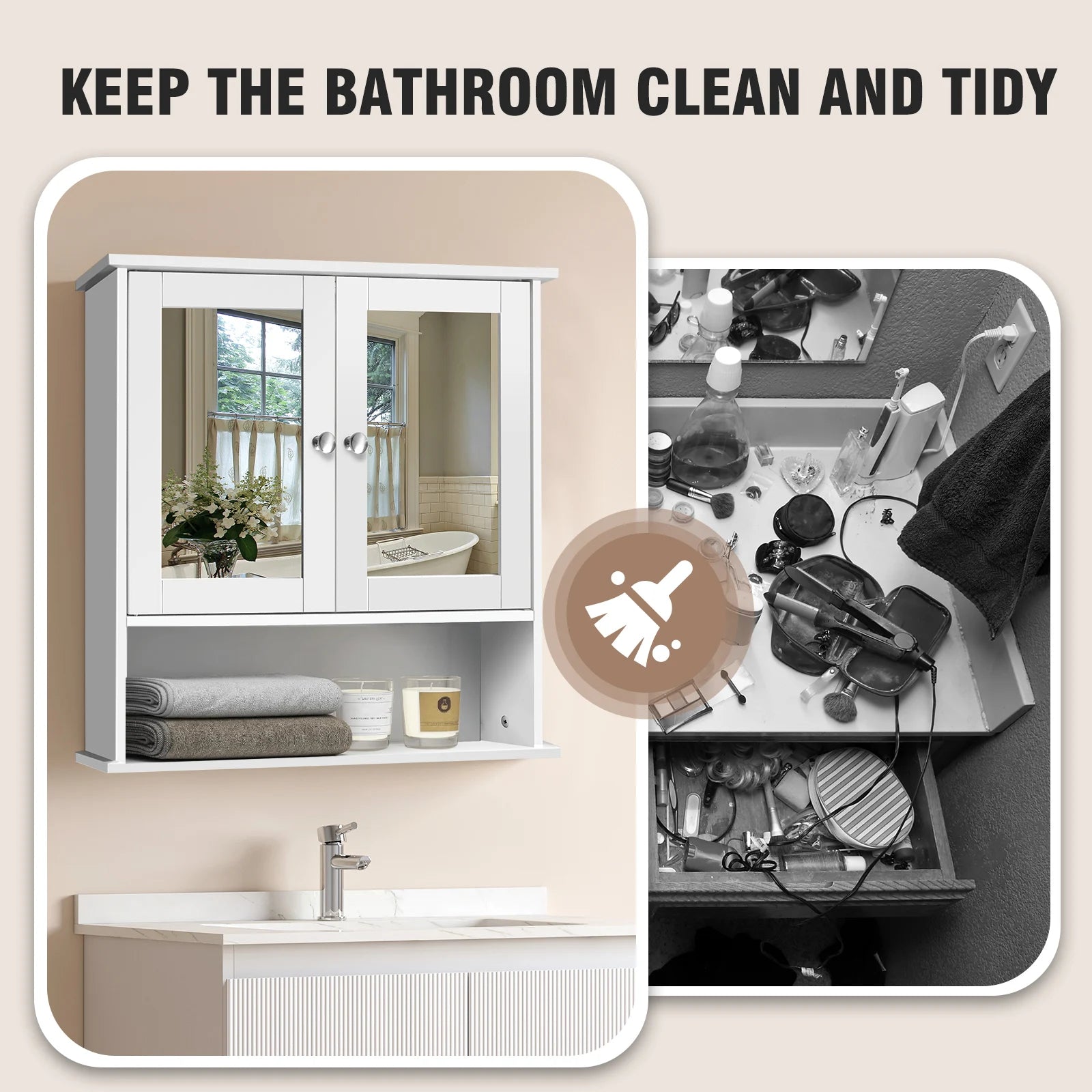 EFAN 3 Tier Mirror Cabinet Wall Mounted Cabinet Storage with Mirror and Double Door, Bathroom Storage Shelf Organizer Unit