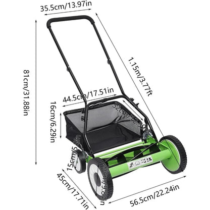 Manual Reel Lawn Mower Adjustable Cutting Handle Height Hand Push Lawnmower Yard Walk behind Removable Grass Steel Blades