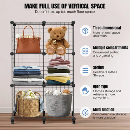 6 Cube Wire Cube Shelving Rack Bookshelf Storage Organiser Metal Grids Bookcase DIY Interlocking Shelf Unit System, Black