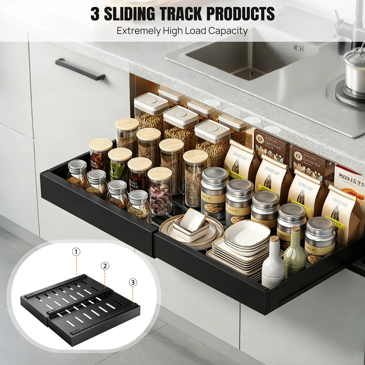 2 Pack Expandable Pull Out Cabinet Organizer Adhesive, Peel and Stick Slide Out Drawers for Kitchen Cabinets,Cabinet Pull Out Shelves for Kitchen Pantry Organization Adjustable Width 12.6"-21"