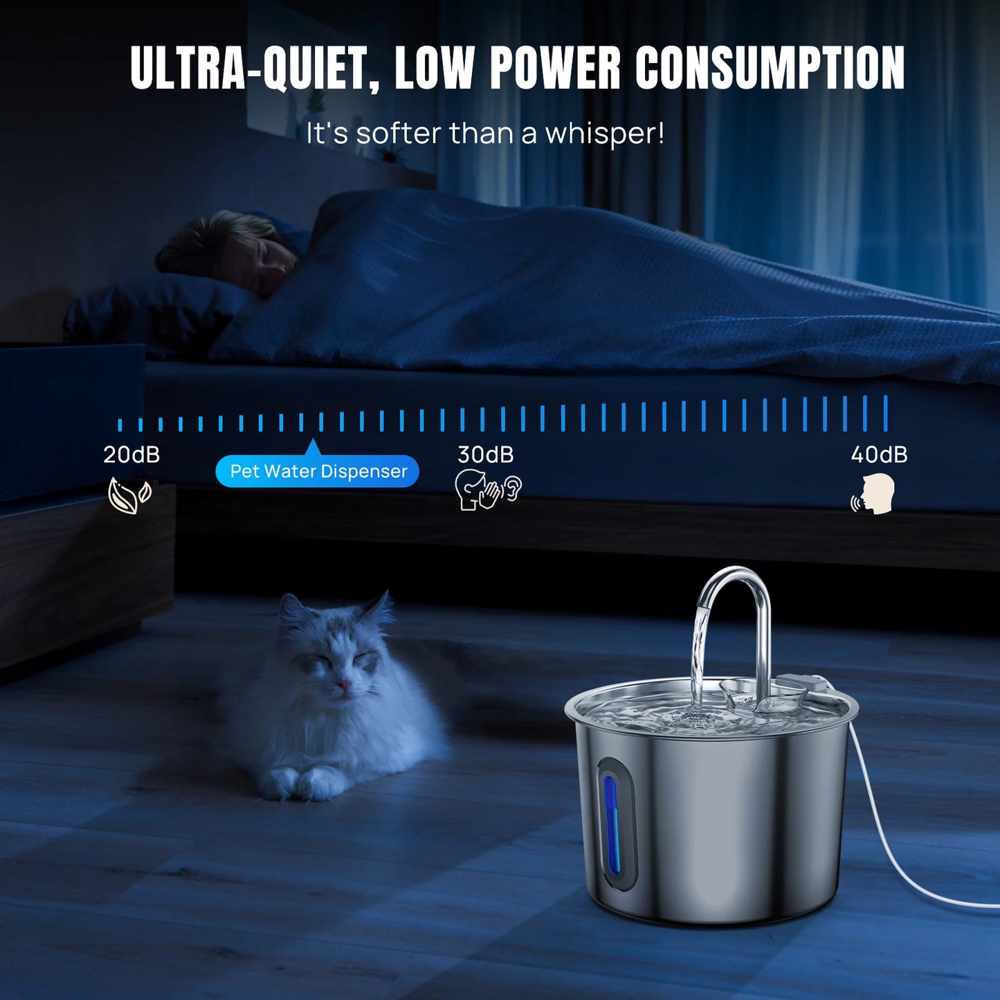 Stainless Steel Cat Water Drinking Fountain 2.2L, Quiet Dog And Cat Drink Station With Water Level Window