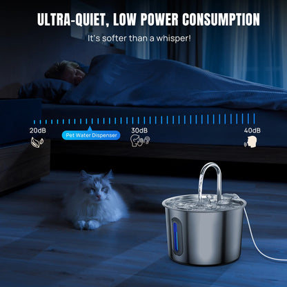 Stainless Steel Cat Water Drinking Fountain 2.2L, Quiet Dog And Cat Drink Station With Water Level Window