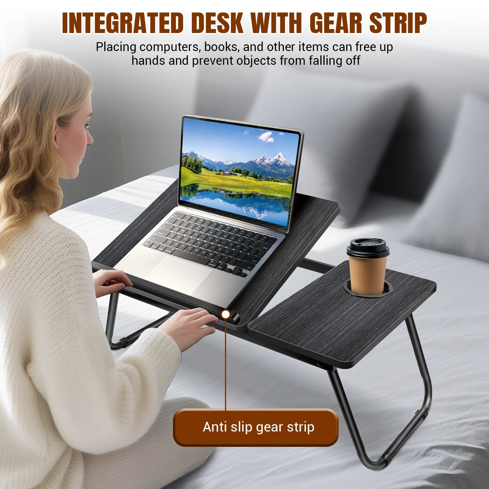 Foldable Laptop Bed Table Desk Notebook Stand With Cup Slot Reading Holder With Adjustable Height Angle Laptop Bed Tray, Black