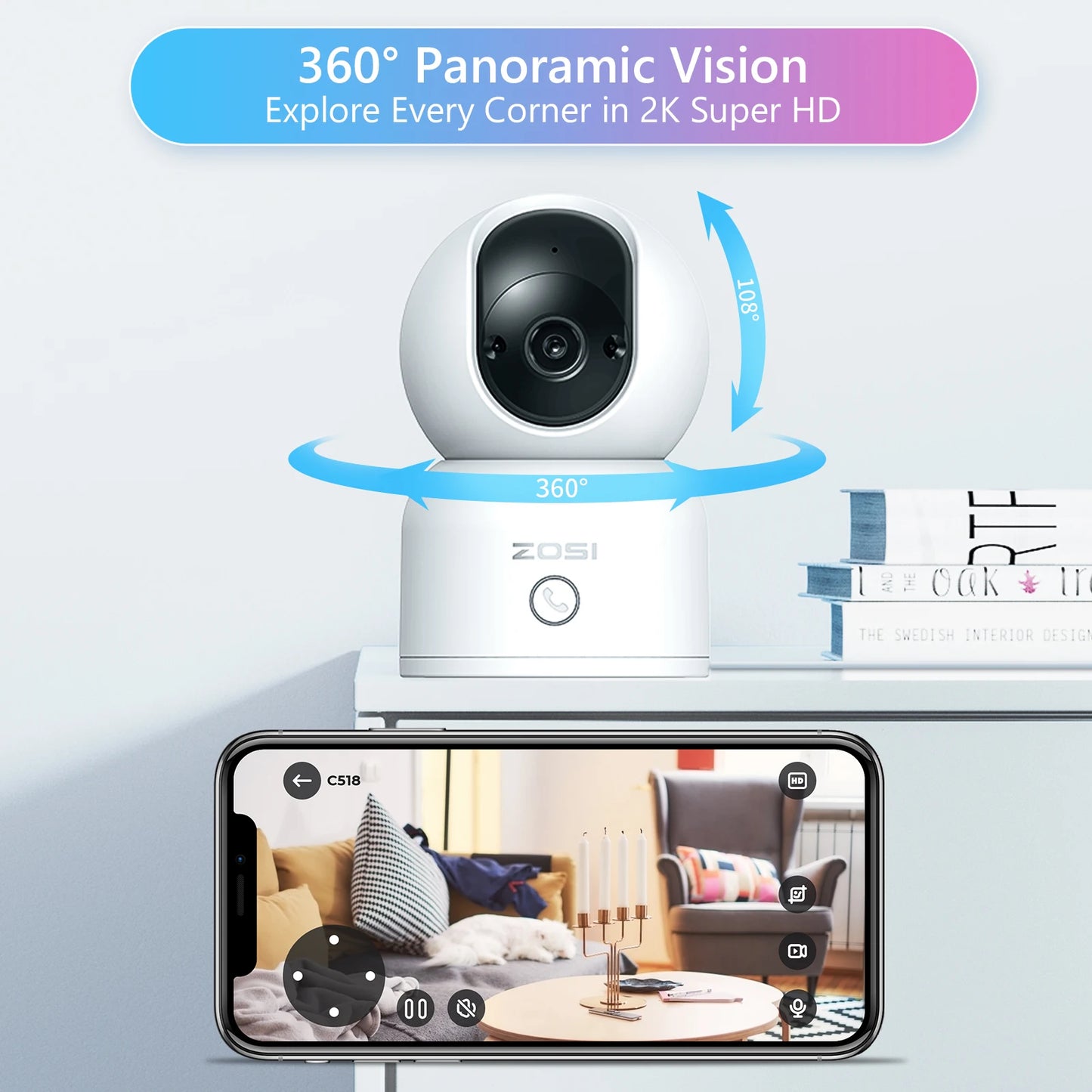 Indoor Pan / Tilt Smart Security Camera C518 2K 360 Degree Baby Pet Monitor 2.4G / 5G Dual-Band Wifi Home Cam With Phone APP