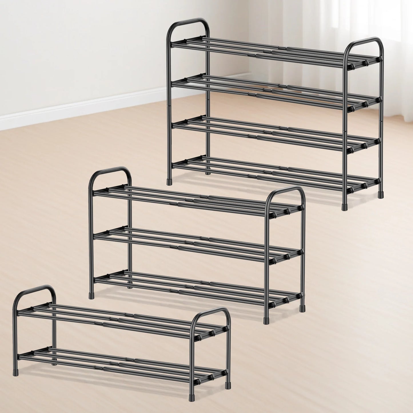 Adjustable Expandable Shoe Rack Organiser Shelf For Closet, Black Metal Free Standing Shoe Rack Store 2/3/4 Tier
