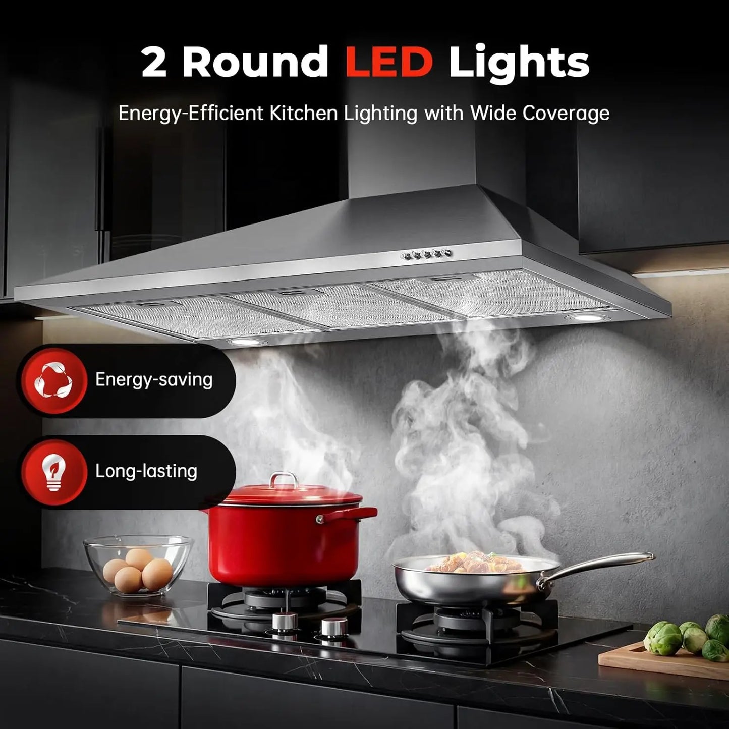 SNDOAS 90Cm Chimney Hood, 400M³/H, A+++ Energy, 3 Speed, Dual Mode (Recirculating/Ducting), Brushed Stainless Steel