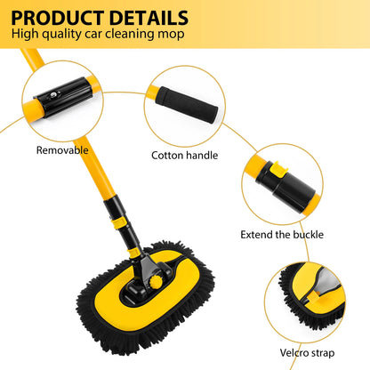 Car Wash Brush With Long Handle, 15° Curved Extendable Car Cleaning Brush with Replaceable Microfibre Mop Head,Washing Brush 55 Inch