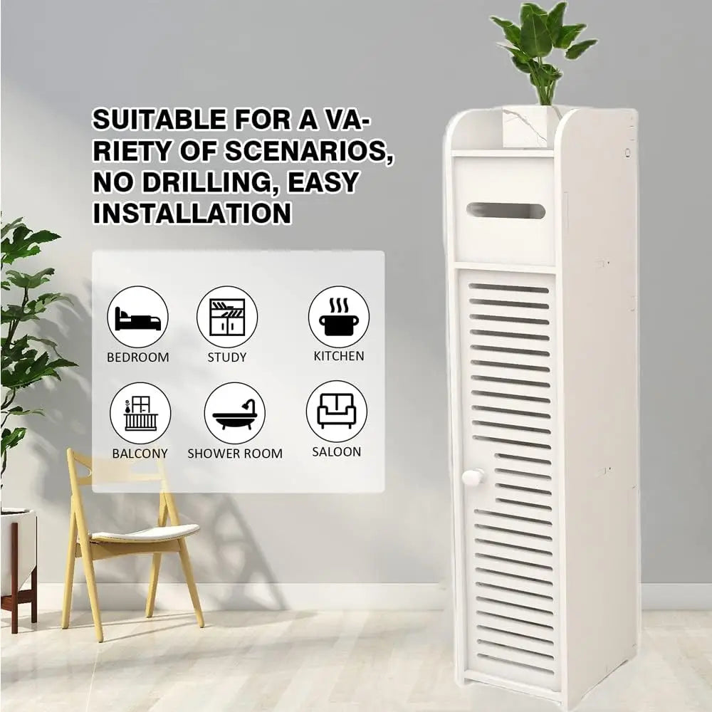 Bathroom Storage Cabinet 3 Tier Floor Cabinet Organizer with Door Free-Standing Toilet Roll Holder Narrow Toilet Storage Cabinet