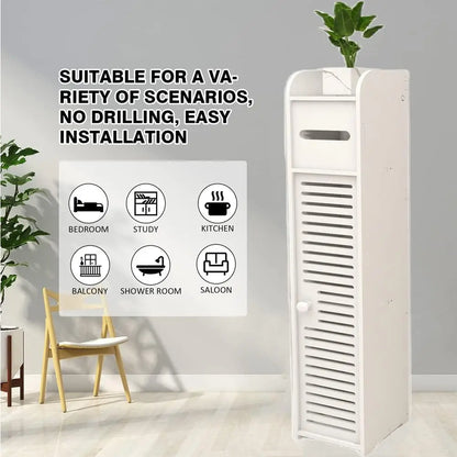 Bathroom Storage Cabinet 3 Tier Floor Cabinet Organizer with Door Free-Standing Toilet Roll Holder Narrow Toilet Storage Cabinet