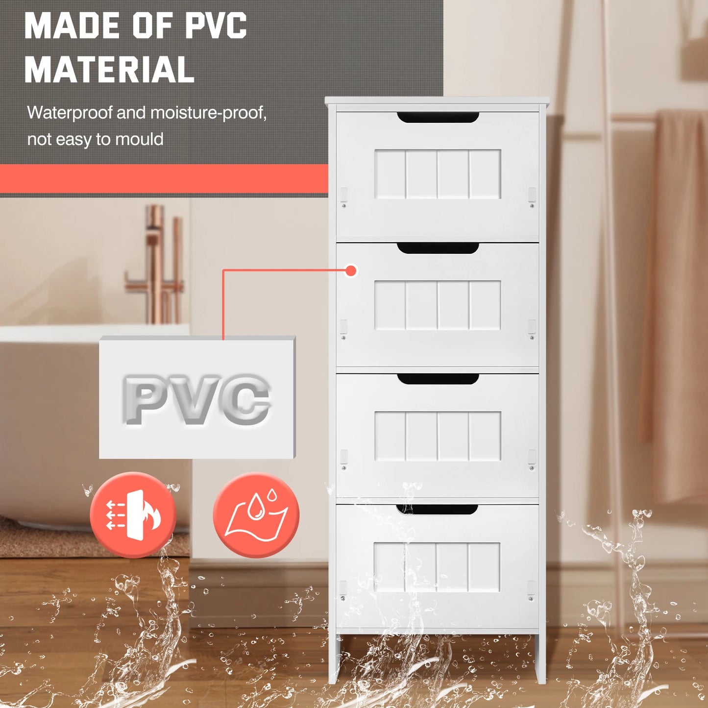 Bathroom Storage Cabinet 4 Drawers Floor Standing Modern Waterproof Bathroom Cabinet Space Saver Home Furniture Cabinet PVC