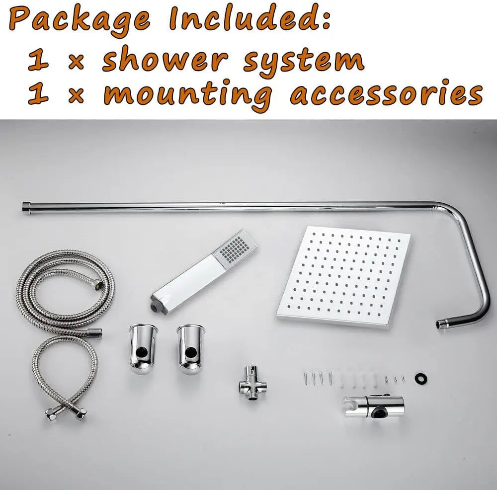 Square Chrome Overhead Shower Rain Dual Rigid Riser Rainfall Head And Hand Held Shower Kit, Twin Bath Set For Bathroom