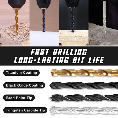 246 Piece HSS Twist Drill Bit Combination Tool Set Woodworking Hole Opener Cement Construction Flat Head