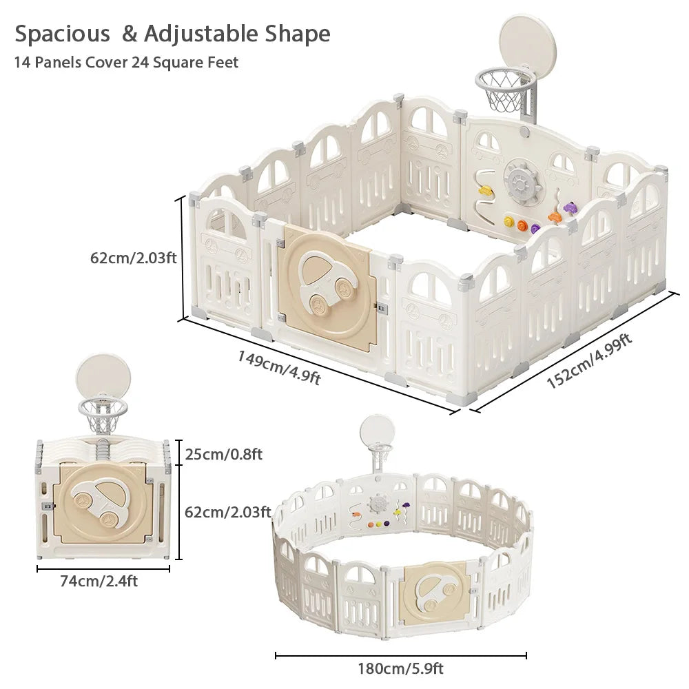 UBRAVOO Foldable Baby Playpen with Basketball Hoop & 50 Piece Coloured Pit Balls, Toddler and Baby Play pen fence, 14-Panel