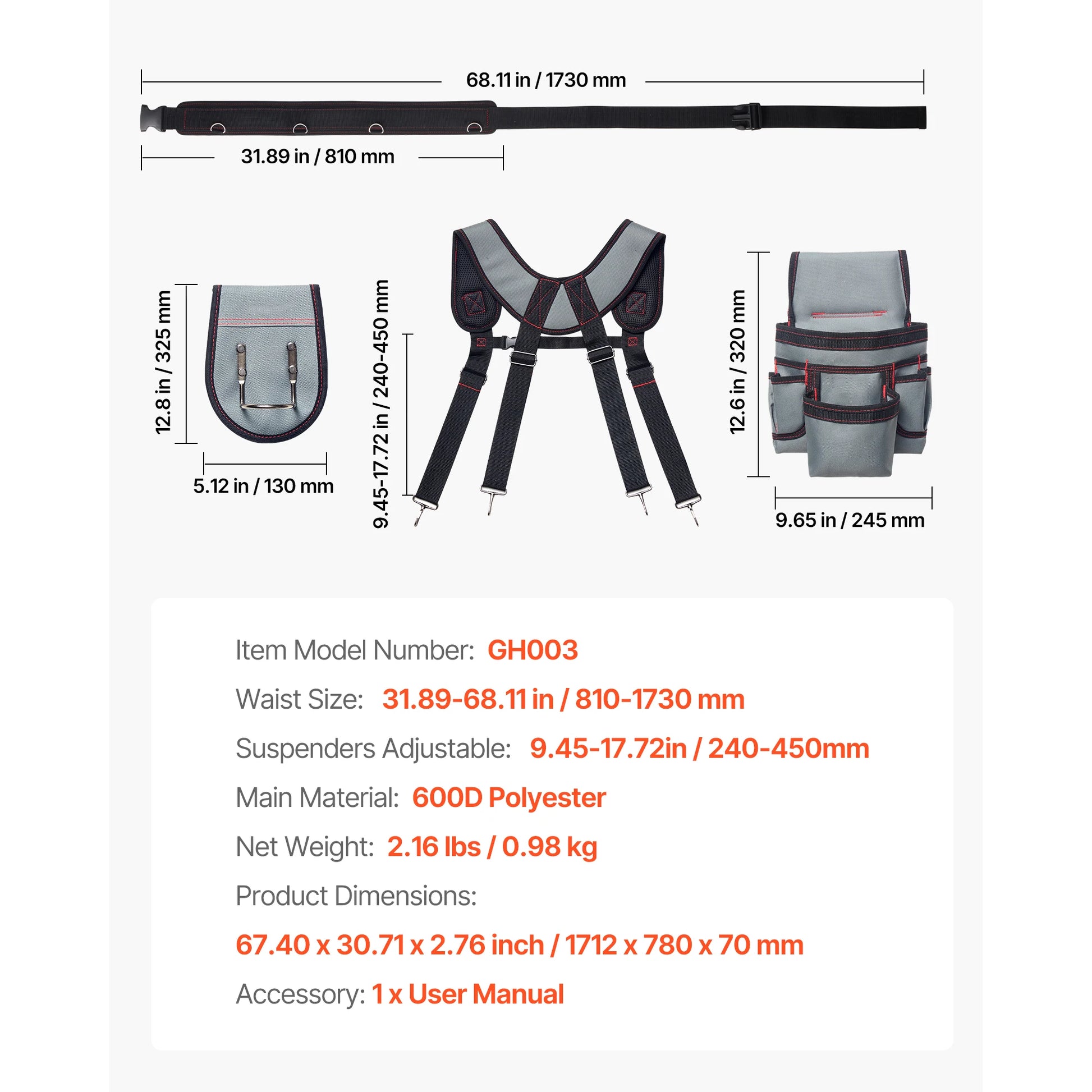 Tool Belt 22 Pockets Waist Adjustable 32 to 68 inch With Suspenders Utility Belt Tool Bag 
