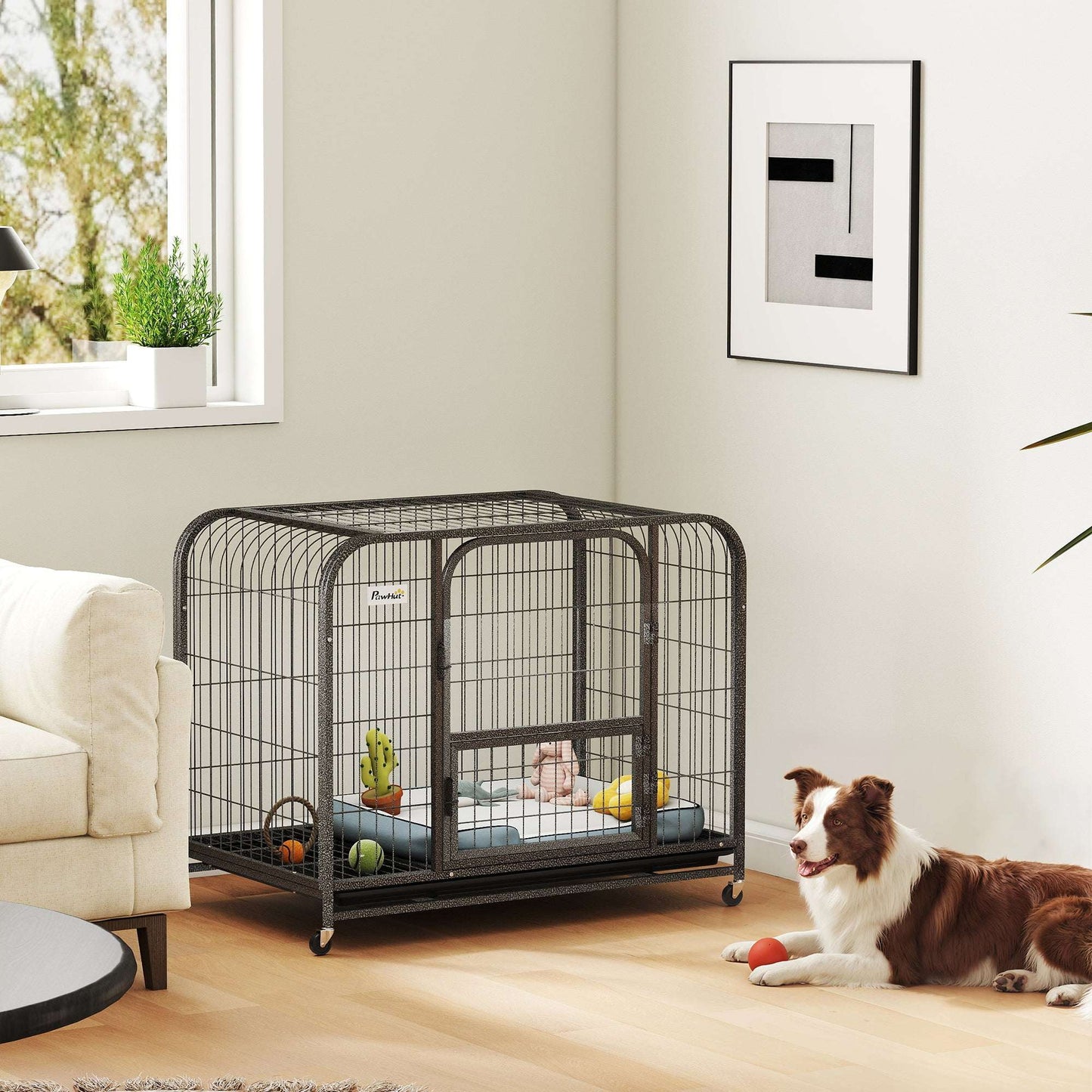Heavy Duty Dog Crate | 93x58x76cm | 3 Doors | Slide-Out Tray | 4 Wheels | Raised Base | 20kg | Black