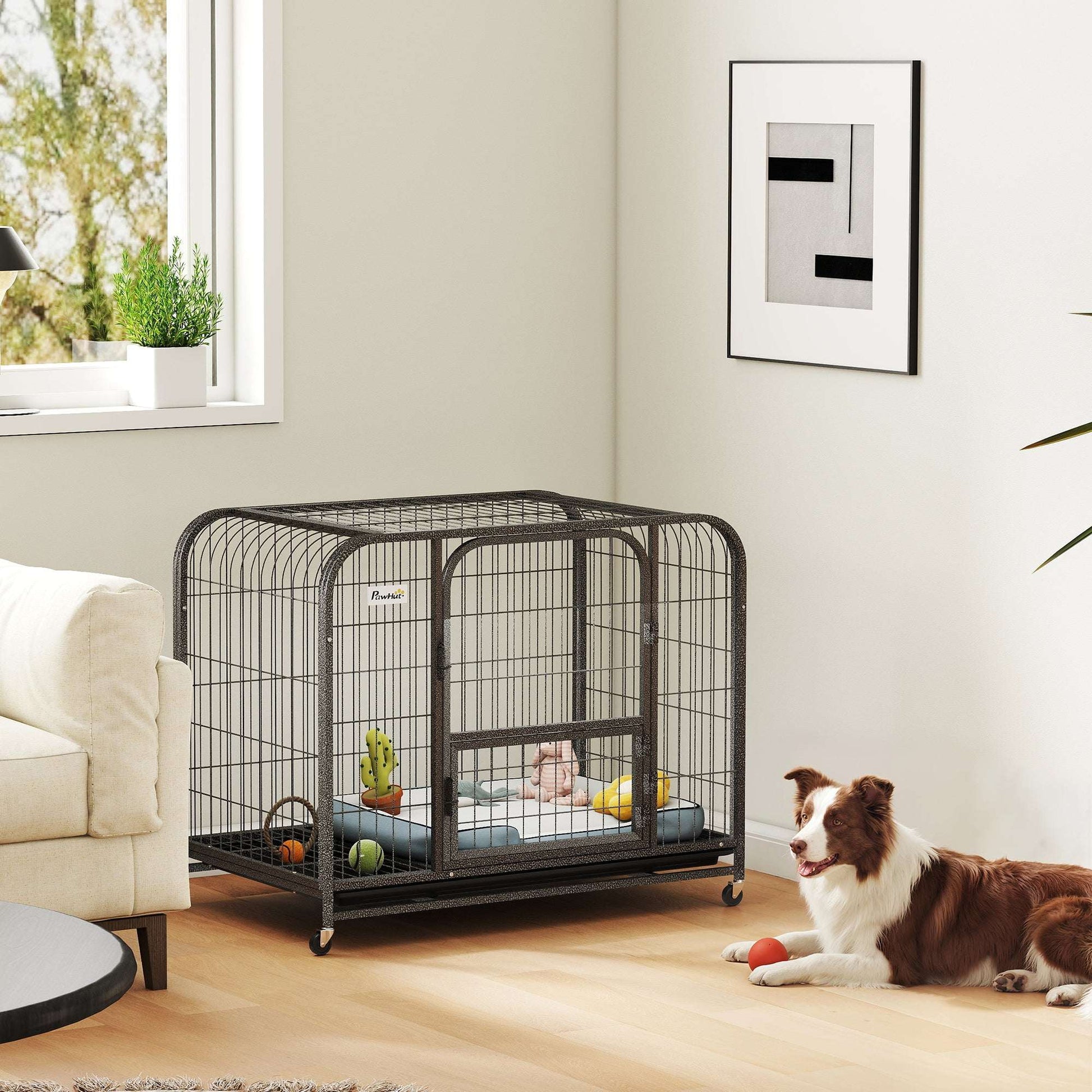 Heavy Duty Dog Crate | 93x58x76cm | 3 Doors | Slide-Out Tray | 4 Wheels | Raised Base | 20kg | Black