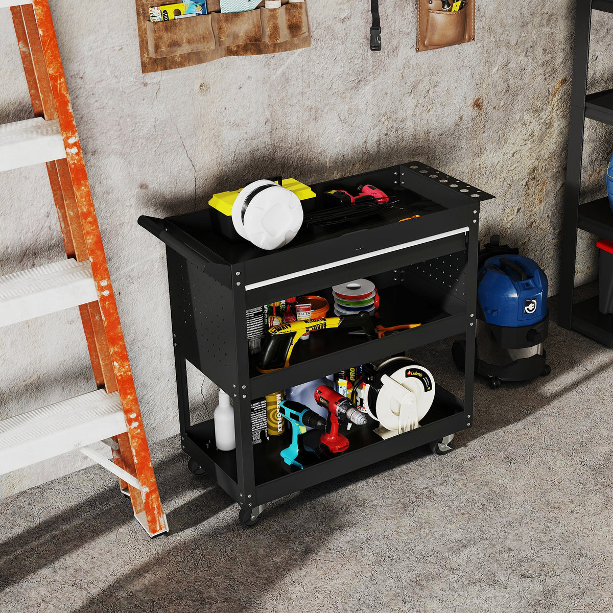 3-Tier Steel Tool Trolley Cart with Rolling Wheels & Brakes | 3 Storage Trays | Side Handle | 60kg Total Capacity | Scratch & Corrosion Resistant | 82x35x76cm | Garage Workshop | Assembly Required | Black