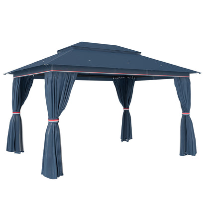4x3m Permanent Garden Gazebo with Curtains & Netting | Double-Tier UPF50+ Roof | Drainage Holes | Powder-Coated Metal Frame | Expansion Screws | Ground Stakes | Guy Ropes | Dark Blue