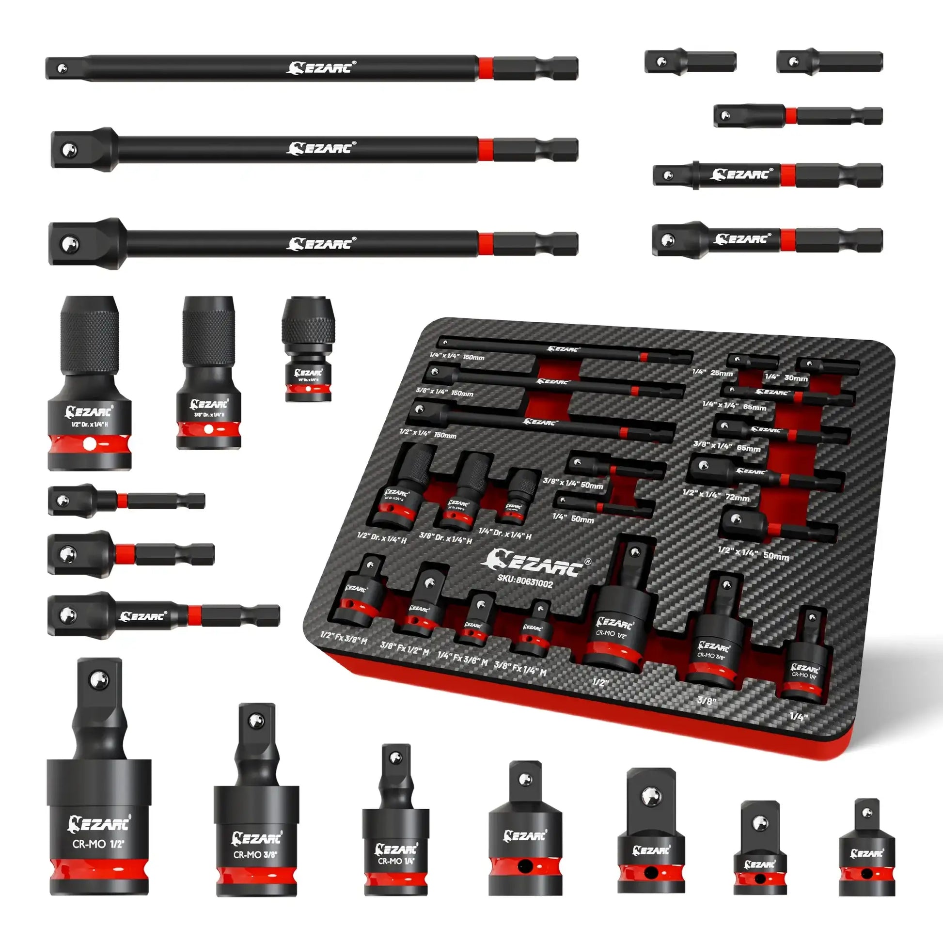 EZARC 21 Piece Impact Socket Adapter Set - CR-MO Universal Swivel Socket Set & Impact Couplers, CR-V Reducers & Hex Extension Bits