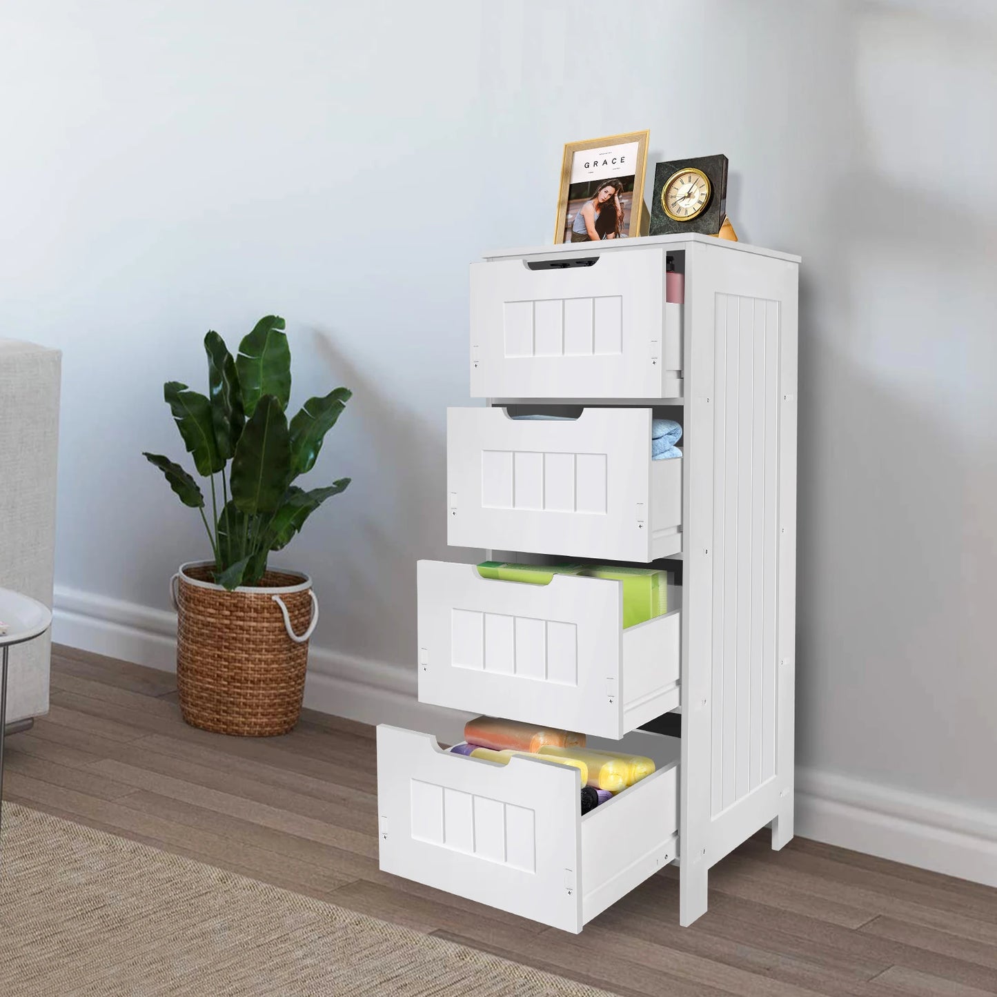 Bathroom Storage Cabinet 4 Drawers Floor Standing Modern Waterproof Bathroom Cabinet Space Saver Home Furniture Cabinet PVC