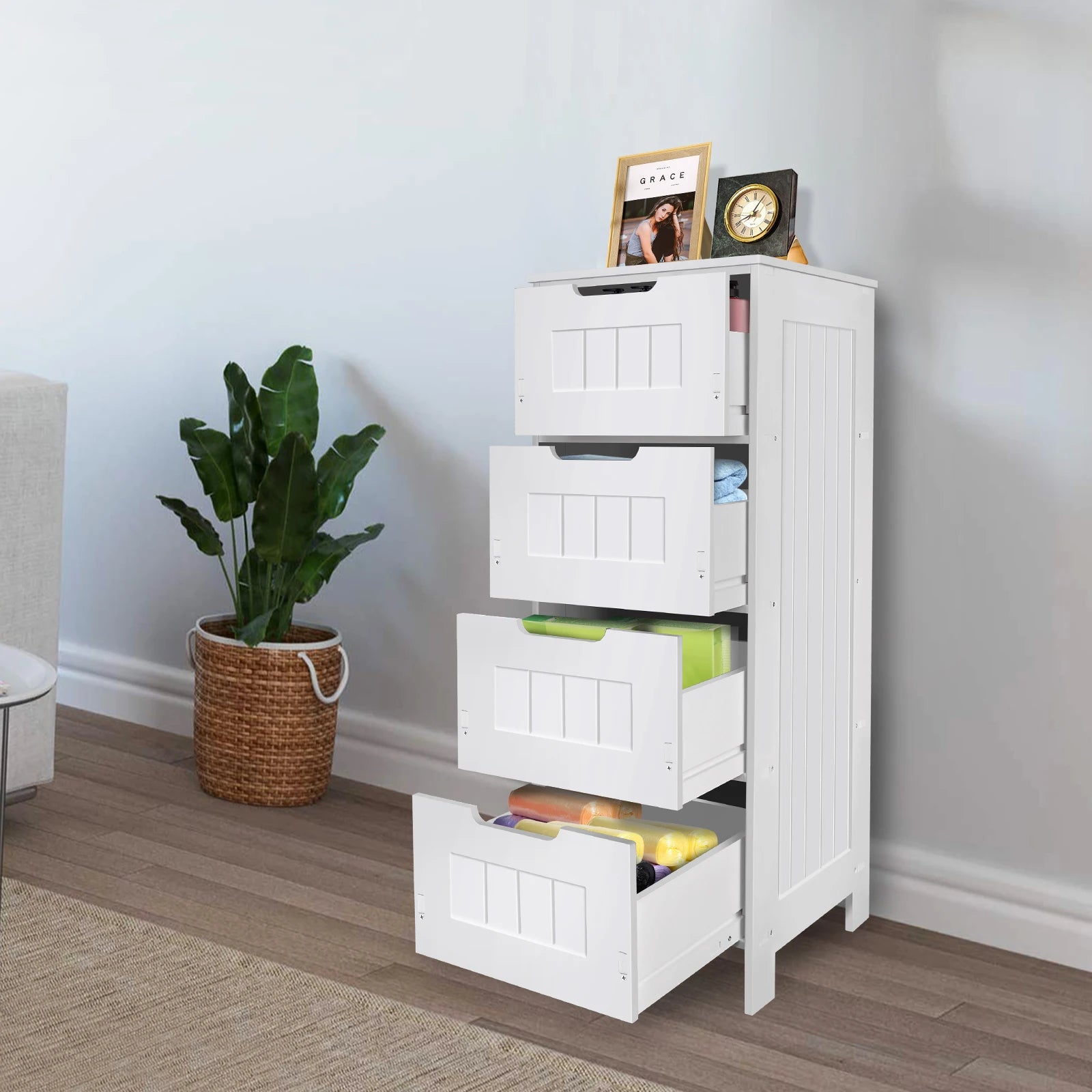 Bathroom Storage Cabinet 4 Drawers Floor Standing Modern Waterproof Bathroom Cabinet Space Saver Home Furniture Cabinet PVC