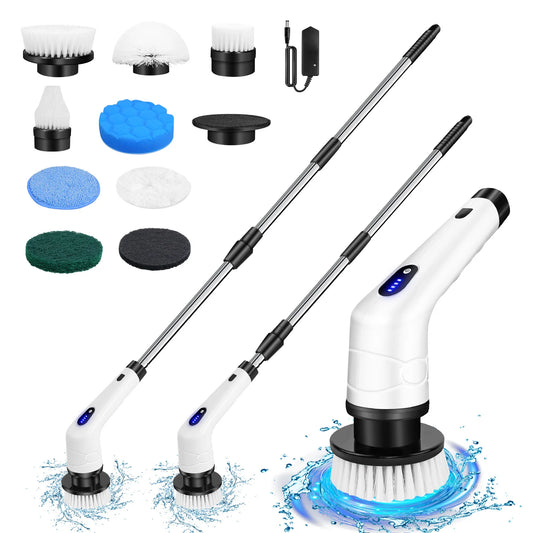 Electric Spin Scrubber, Bathroom Cordless Cleaning Brush, Long Handled & 2 Speed With 9 Replaceable Brush Heads