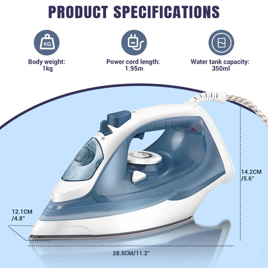 Dayplus Electric Iron Portable Steam Iron, 2400W Powerful Steam Function, Non-Stick Stainless Steel Soleplate,350Ml Water Tank