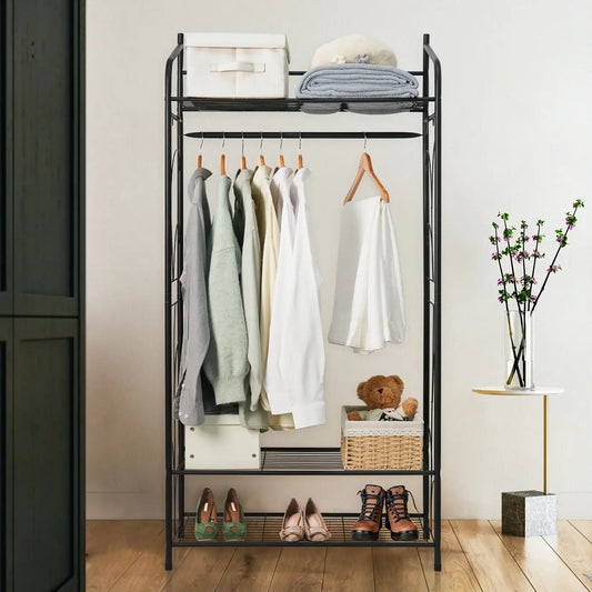 Heavy Duty Metal Garment Shoe Rack Stand Freestanding Clothes Hanging Rail with Shelves