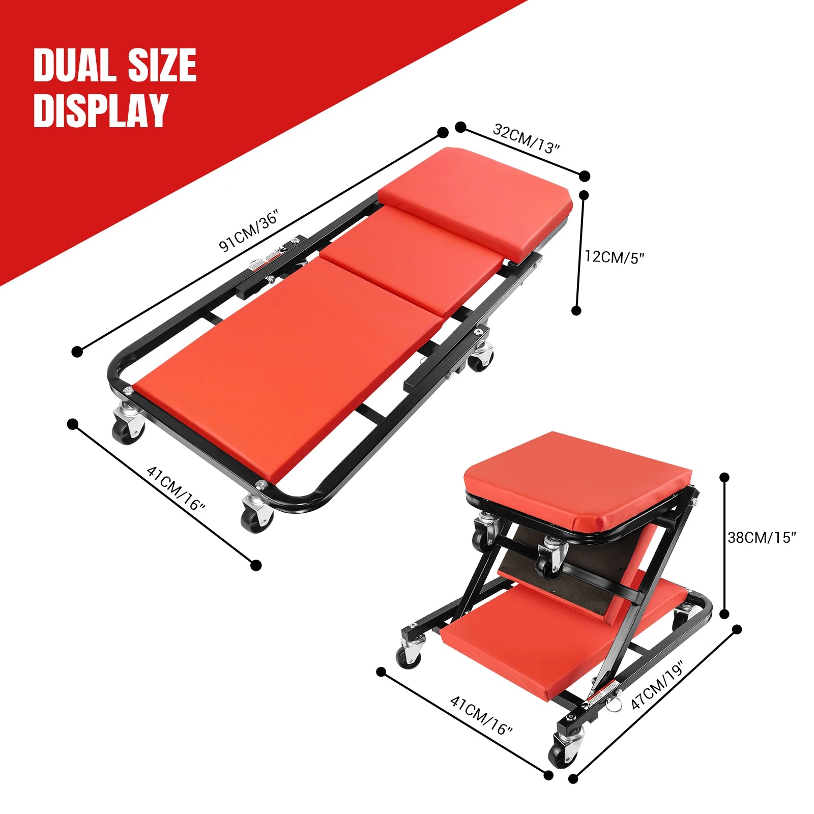 2-In-1 Folding Car Creeper 36" Mechanics Stool Padded Crawler Board With Extra Head Padding 360° Swivel Wheels For Home
