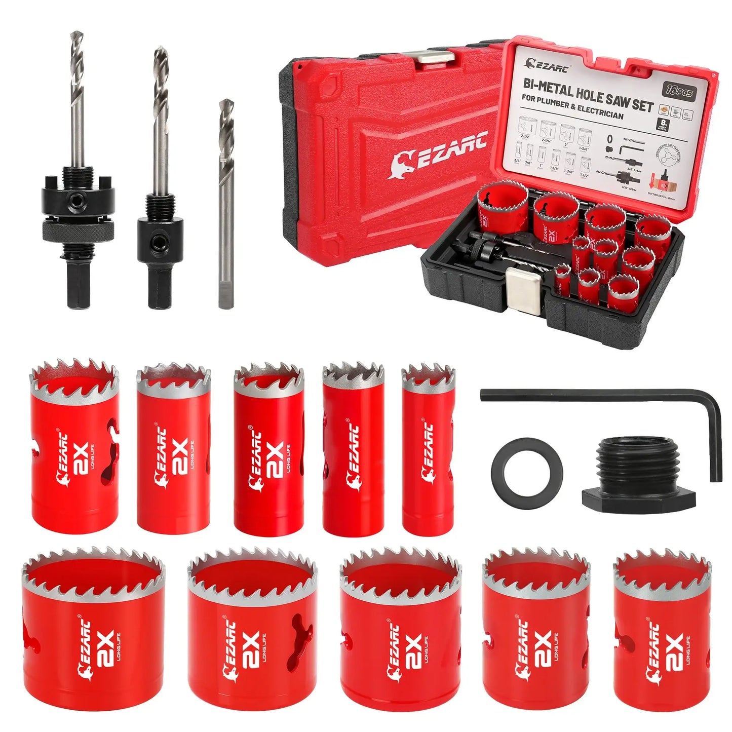 EZARC 16 Piece Bi-Metal Hole Saw Set Mandrels Drill Bits Installation Plate Hex Key For Wood Metal Plywood PVC Board - 19-64mm