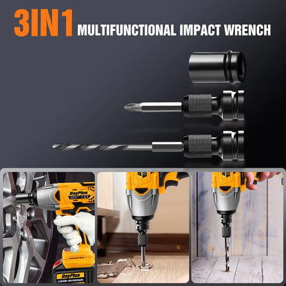 Dayplus 1500Nm Cordless Impact Wrench 3 in 1 Electric Drill Impact Wrench,Brushless Impact Gun 1/2"Driver Car Tyre Wheel, 3 Speed
