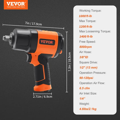 1/2 Inch Air Impact Wrench Rachet Socket High Torque Up to 1400 ft-lbs Pneumatic Impact Gun with Steel Impact Socket Set for Car Auto Repair