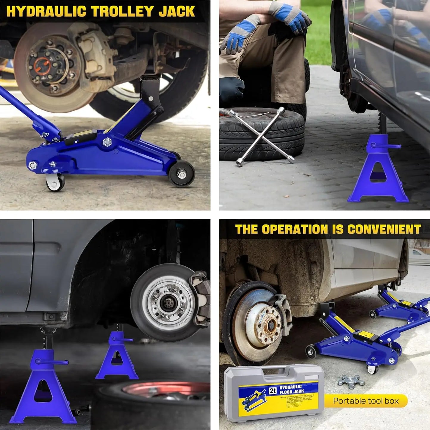 Hydraulic Floor Jack & Stands, 2 Ton Low Profile Hydraulic & 3 Ton Axle Stand Set, Tyre Repair Kit Steel Racing Quick Lift