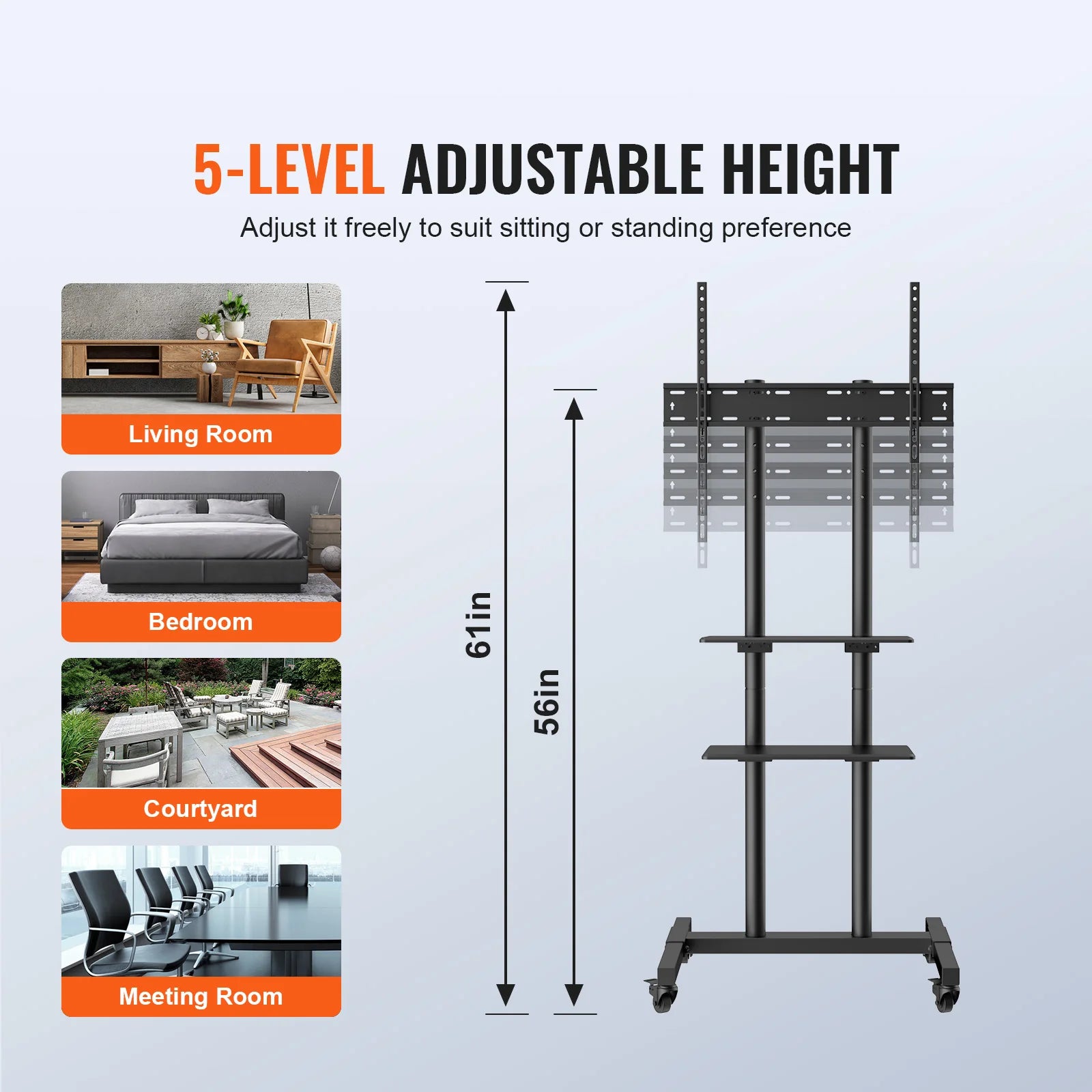 Mobile TV Stand Height Adjustable With Wheels Double Tray For Audio Visual Devices Rolling TV Station