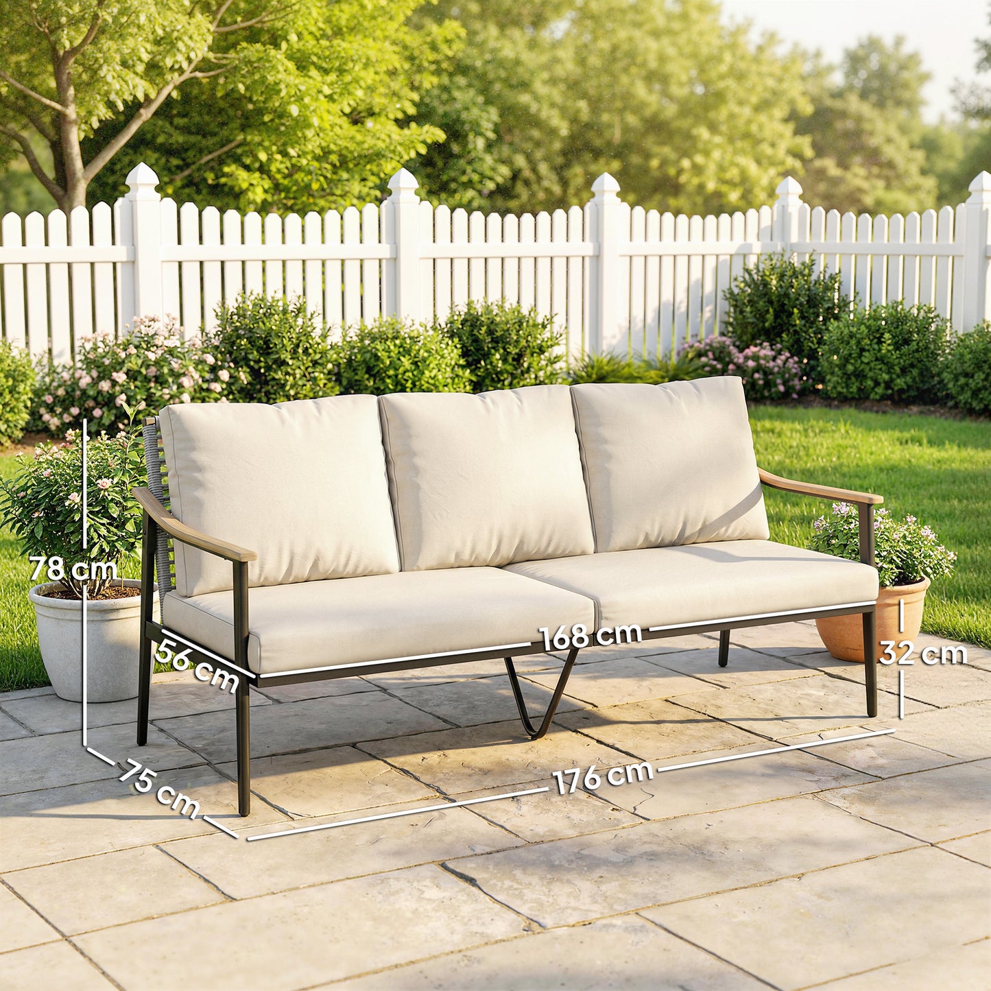 3 Seater Rattan Garden Sofa | Wood-Effect Armrests | Cut-Out PE Wicker Backrest | 8cm Seat & 12cm Back Cushions | Tapered Legs | Steel Frame | 360kg | 176x75x78cm | Khaki