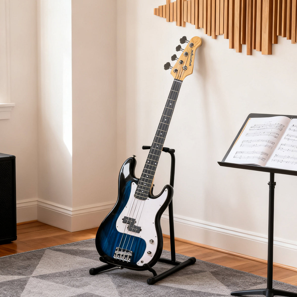 SPORTNOW 4-String Full-Size Electric Bass Guitar | Blue | 115x33x6cm | Maple Neck & Fretboard | Platane Body | Right-Hand | 15W Amp | Gig Bag | Strap | 3 Picks | 2.5m Cable | Beginner Set