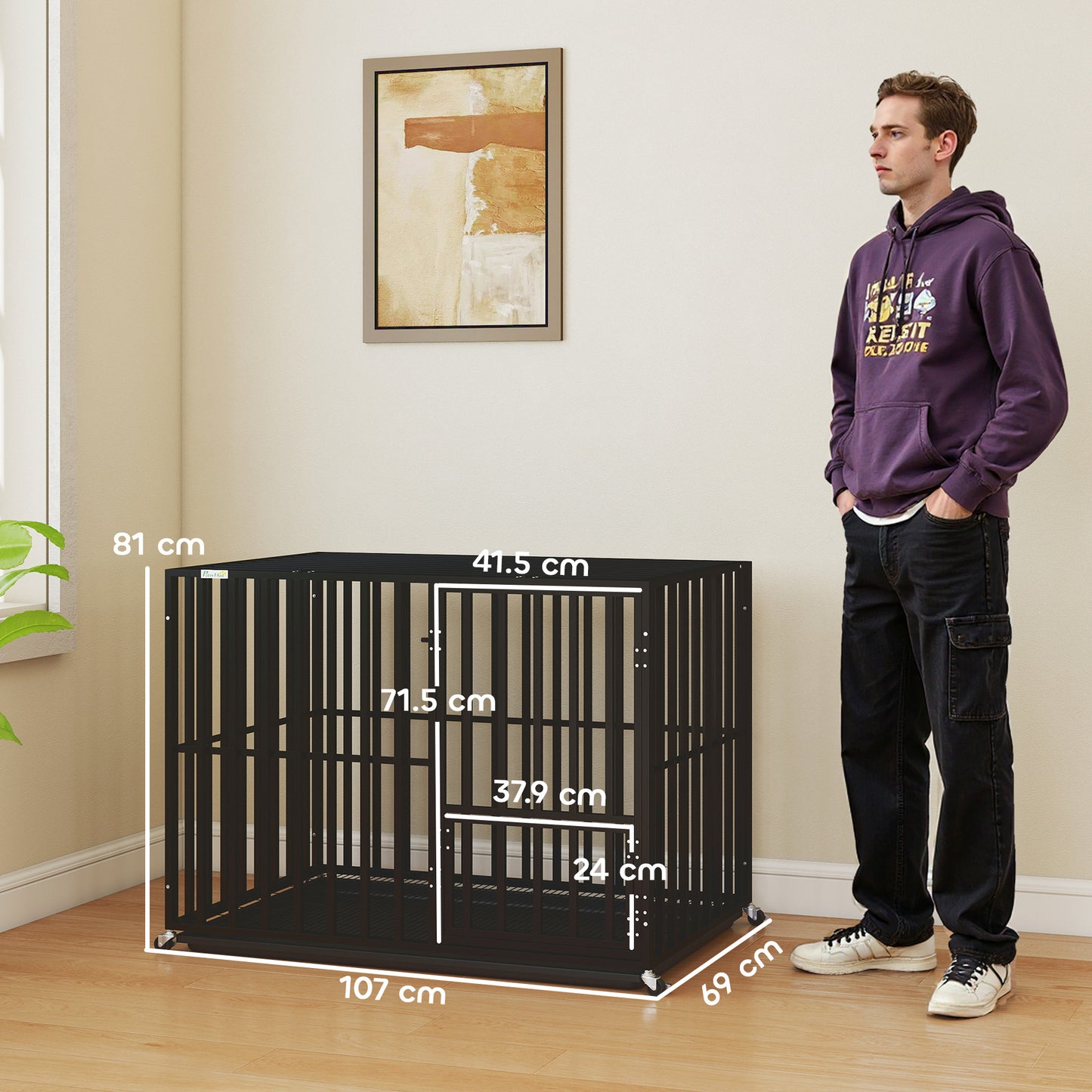 Heavy Duty Dog Crate with Wheels | 3-Door Access | Removable Tray | Top Playpen Opening | Extra Large Dogs up to 40kg | 107 x 69 x 81cm | Black