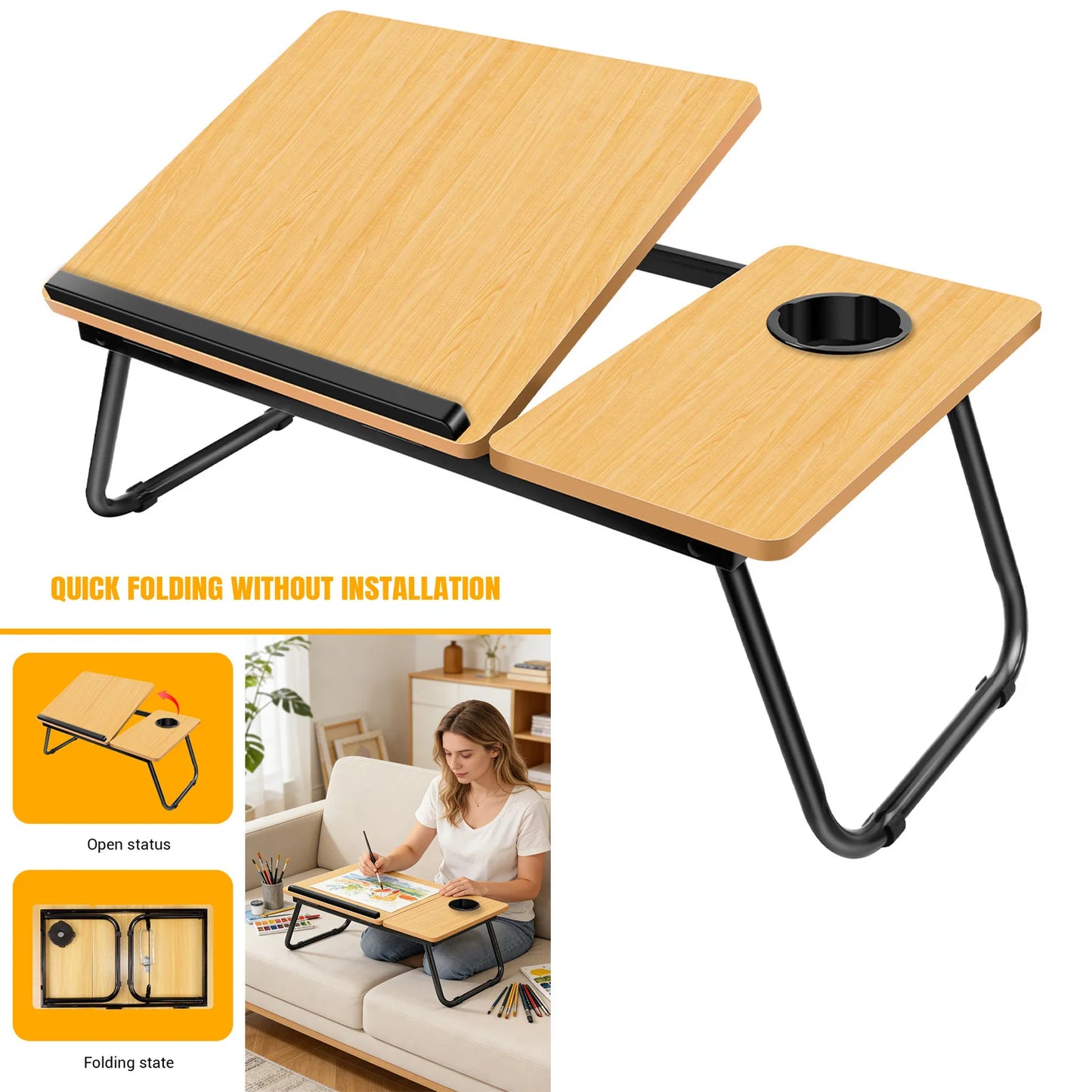 Foldable Laptop Bed Table Desk Notebook Stand With Cup Slot Reading Holder With Adjustable Height Angle Laptop Bed Tray