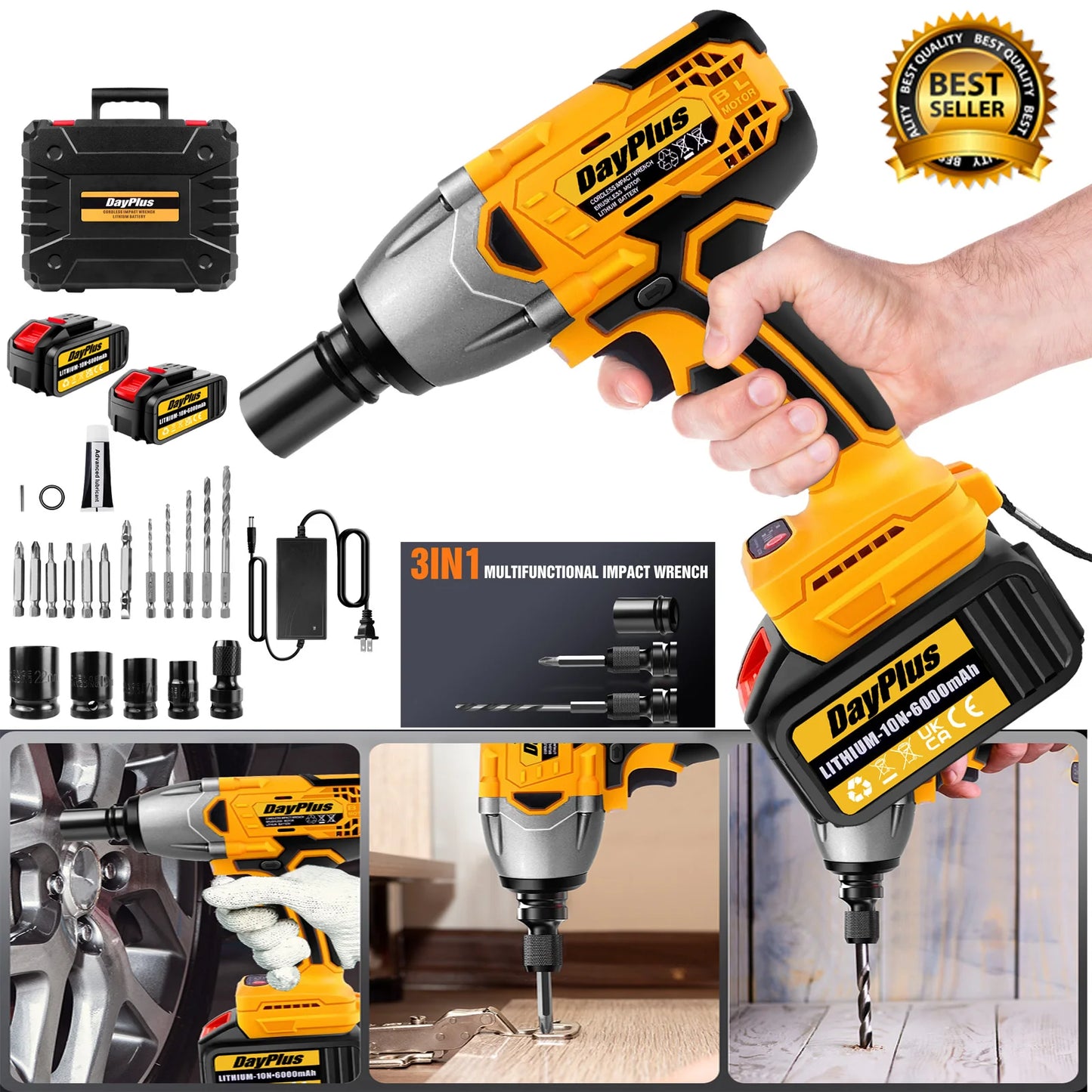 Dayplus 1500Nm Cordless Impact Wrench 3 in 1 Electric Drill Impact Wrench,Brushless Impact Gun 1/2"Driver Car Tyre Wheel, 3 Speed