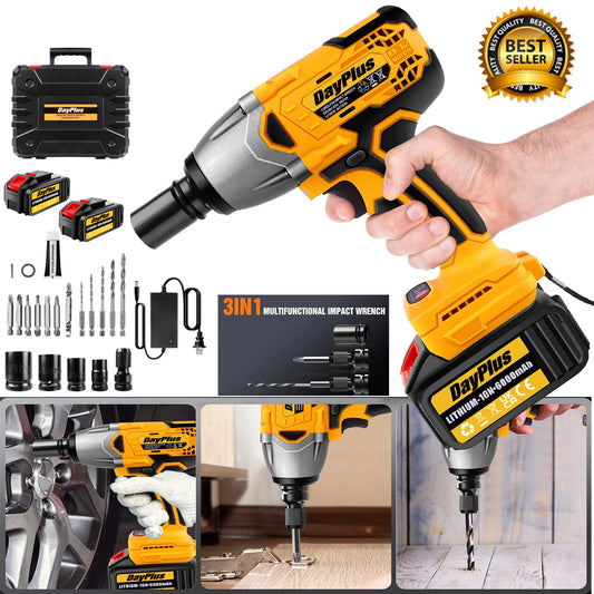Dayplus 1500Nm Cordless Impact Wrench 3 in 1 Electric Drill Impact Wrench,Brushless Impact Gun 1/2"Driver Car Tyre Wheel, 3 Speed