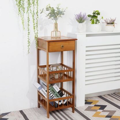 2 Tier Retro  Vintage Style Bedside Table Bamboo Sofa Coffee End Table with Drawer Plant Display Storage Shelf Unit