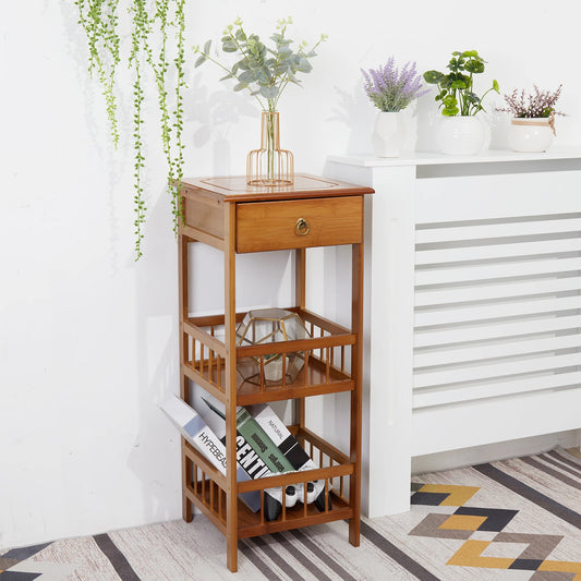 2 Tier Retro  Vintage Style Bedside Table Bamboo Sofa Coffee End Table with Drawer Plant Display Storage Shelf Unit