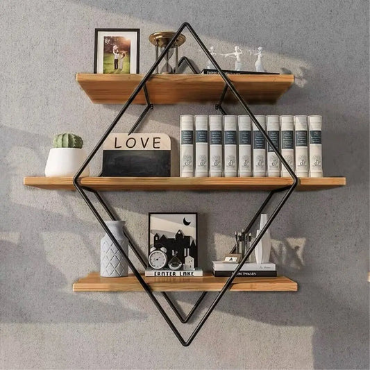 Rustic Wood Geometric Wall Floating Shelves Decorative Storage Display Rack