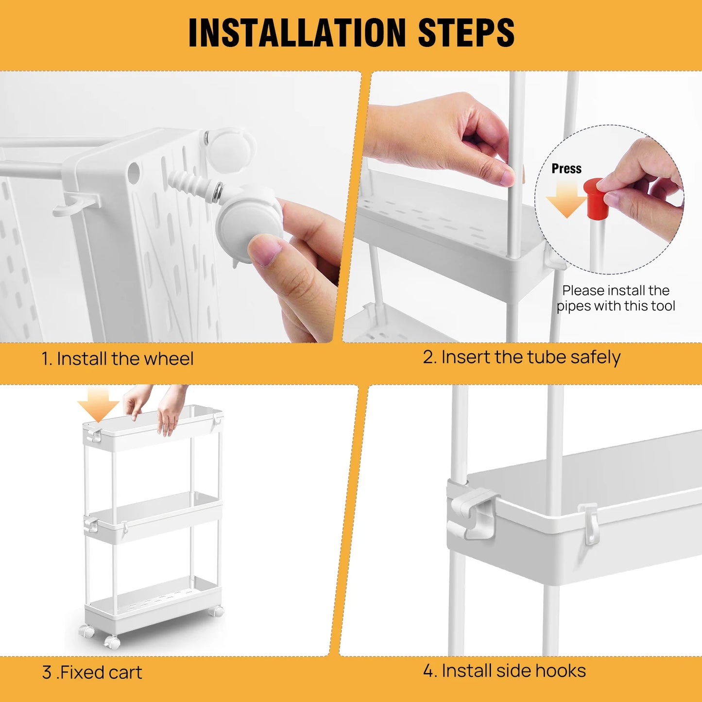 4-Tier Storage Rack Trolley Rolling Utility Cart Mobile Shelving Organiser Slide Out For Kitchen, Bathroom, Bedroom