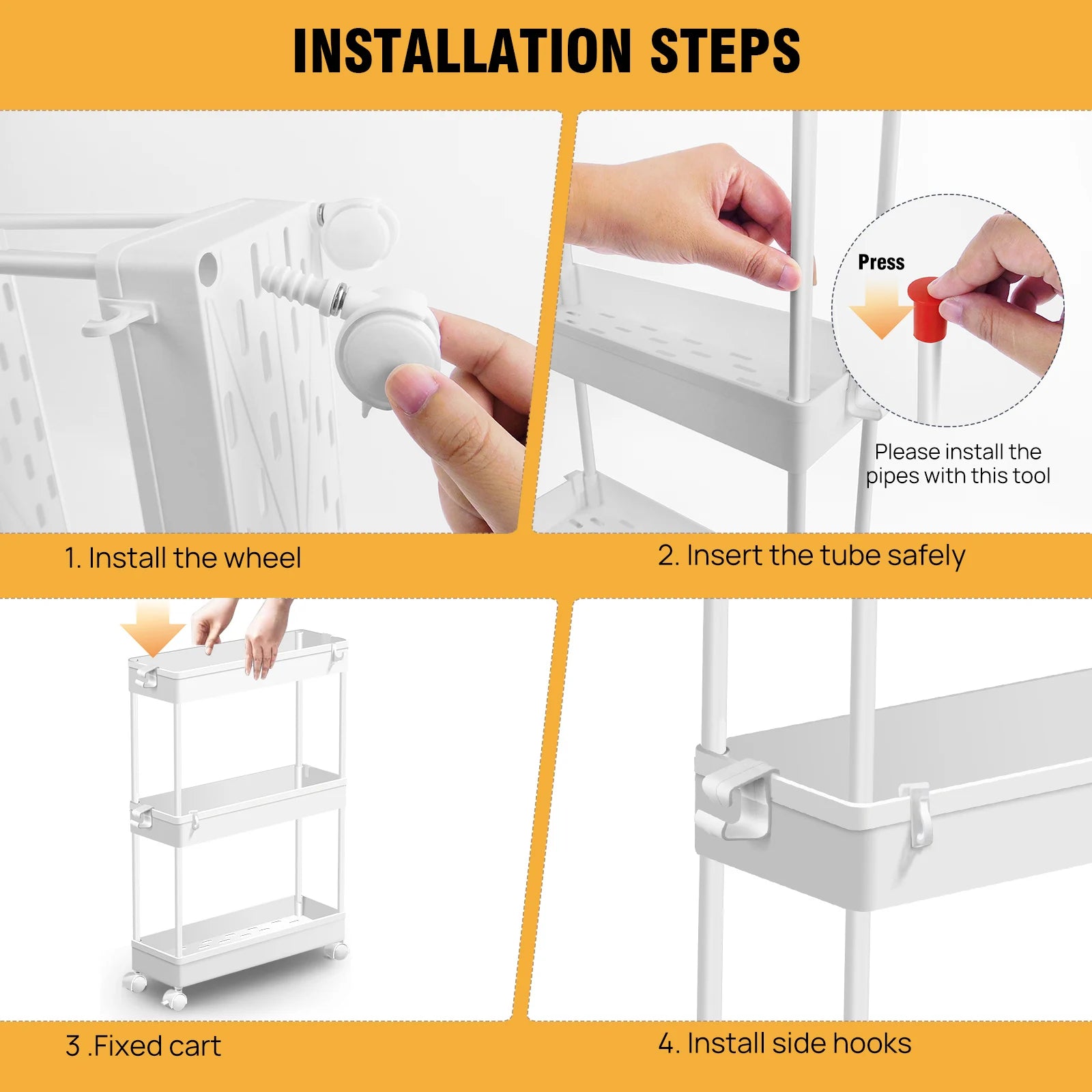 4-Tier Storage Rack Trolley Rolling Utility Cart Mobile Shelving Organiser Slide Out For Kitchen, Bathroom, Bedroom