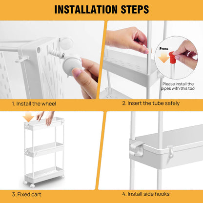 4-Tier Storage Rack Trolley Rolling Utility Cart Mobile Shelving Organiser Slide Out For Kitchen, Bathroom, Bedroom