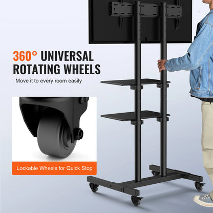 Mobile TV Stand Height Adjustable With Wheels Double Tray For Audio Visual Devices Rolling TV Station