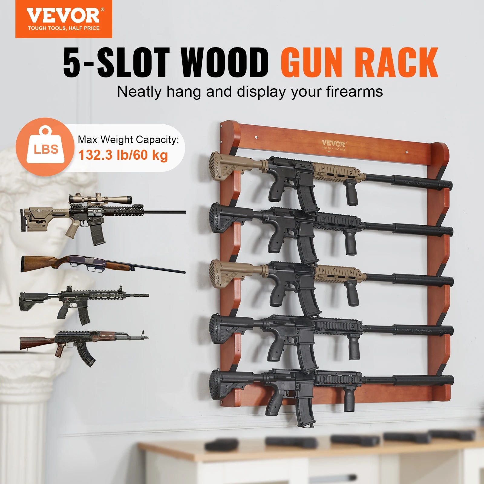 Wall Mounted Wood Gun Rack Gun Display Rack Holds 4/5 Rifles Shotguns 132 Lbs Heavy Duty Rifle Rack With Soft Padding